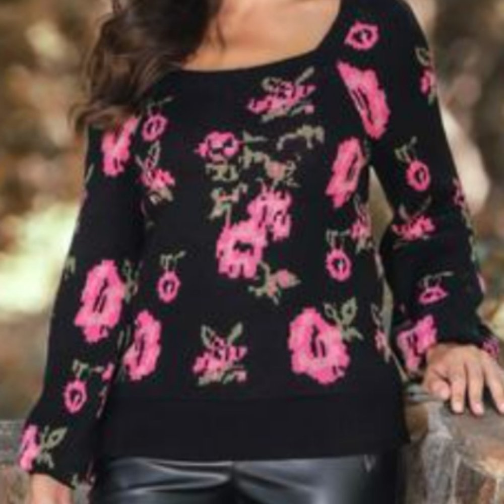 Black Sweater Pink Rose Floral Print NWOT Size M
